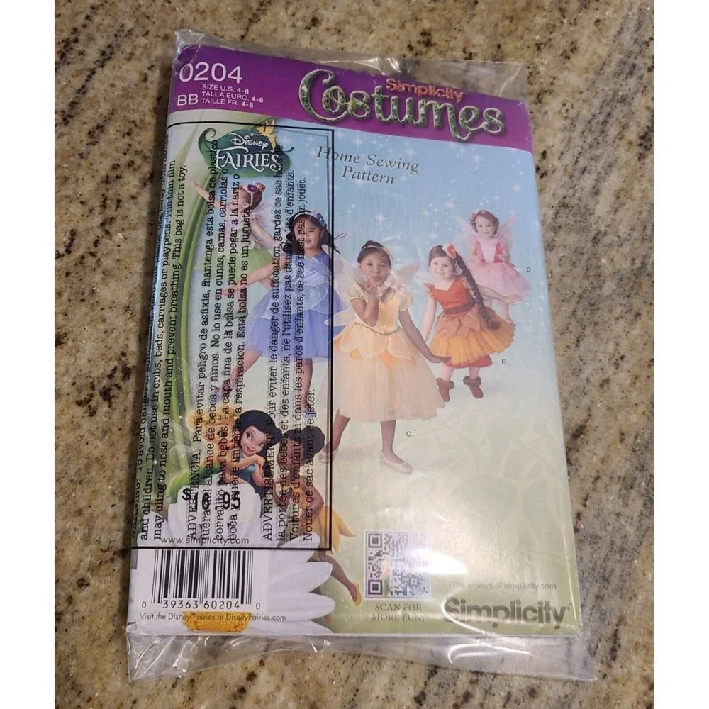 Simplicity Disney Fairy Costume Pattern 0204 Girls' Sizes 4 6 8 Butterfly Wings